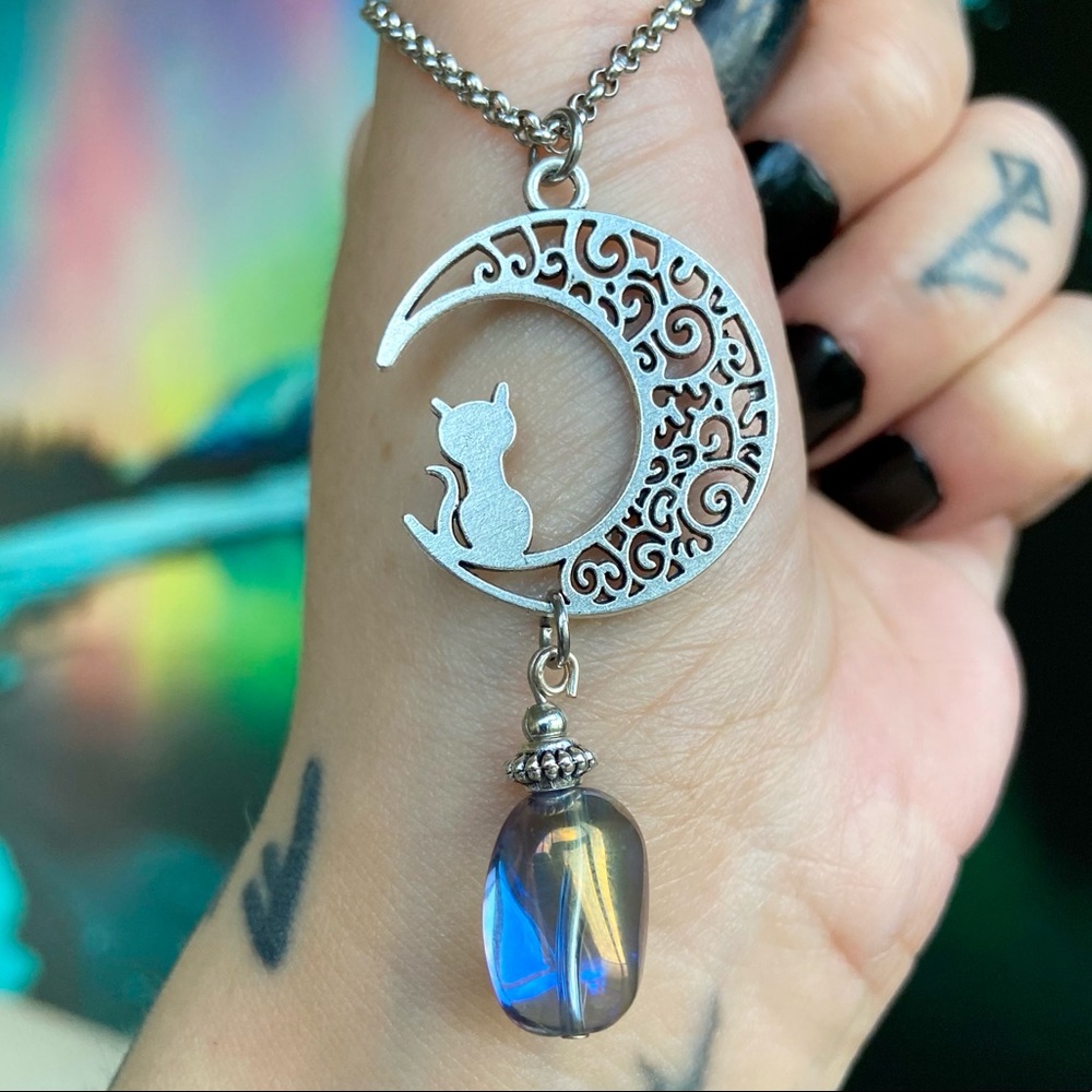 Crystal cat moon necklace . Blue yellow aura crystal & silver cat moon charm